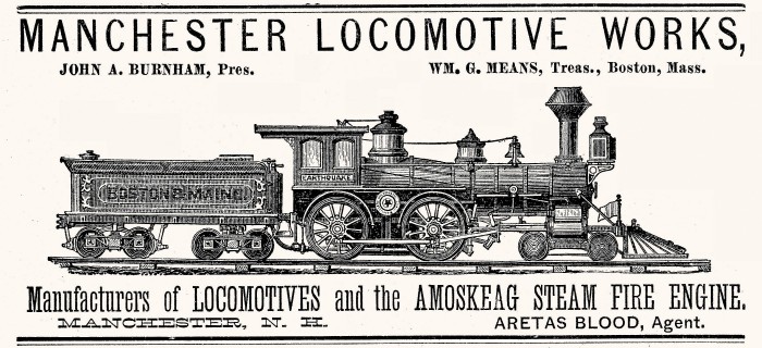 Manchester Locomotive Works, Manchester, NH 1882 Advertisement