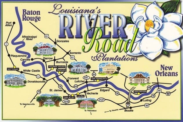 Tourist plantations along Louisiana ' s River Road. Map by Stephen P.