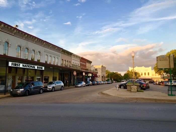 downtown Granbury, Texas, at sunset
