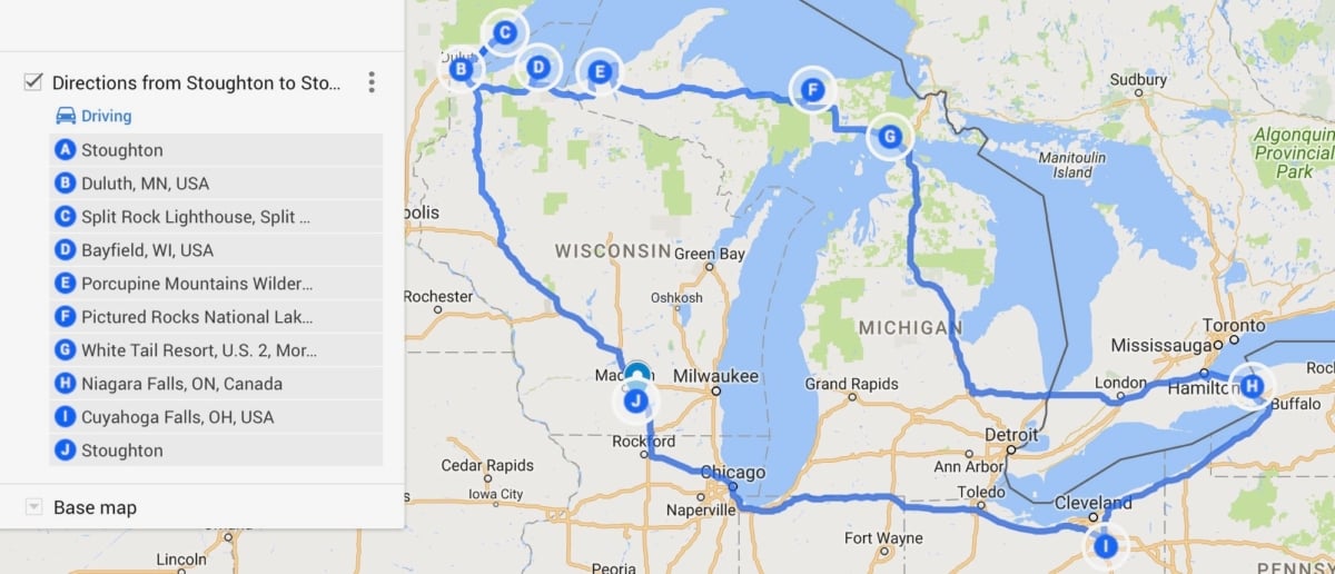 Great Lakes road trip itinerary map