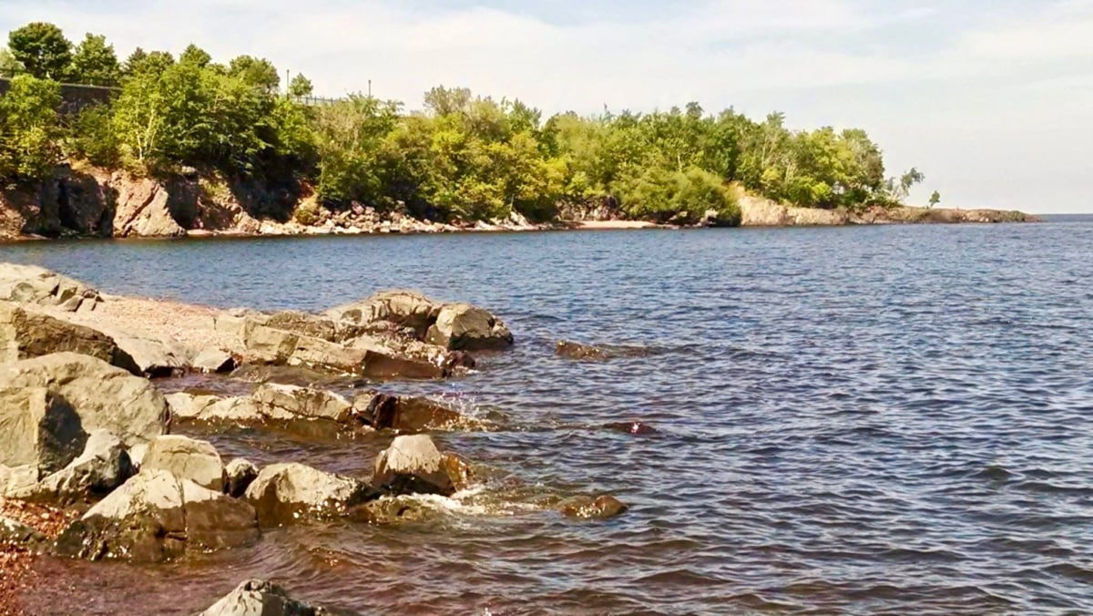 Lake Superior rocky shore in Duluth, Minnesota.