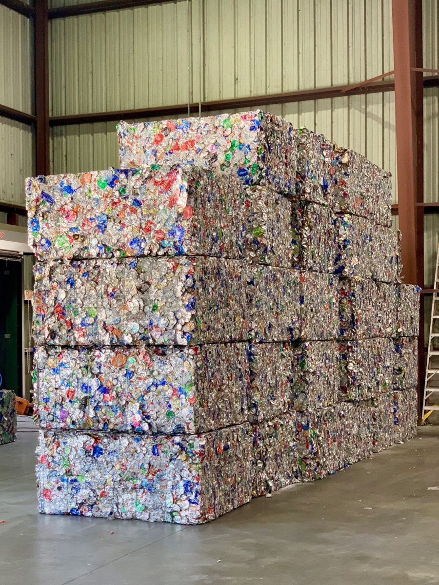Bales of aluminum cans ready to be recycled.